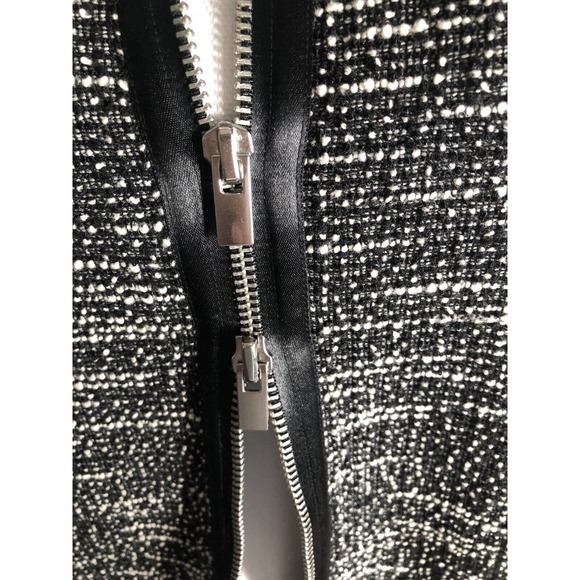 Club Monaco Long Boucle‎ Knit Black White Zip Blazer Leather Look Satin Trim M - Picture 11 of 12